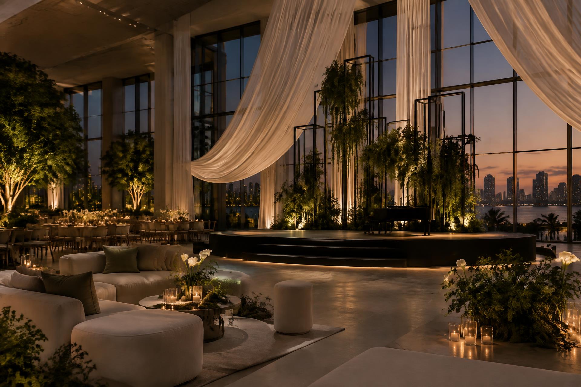 Draped gathering environment illuminated at dusk